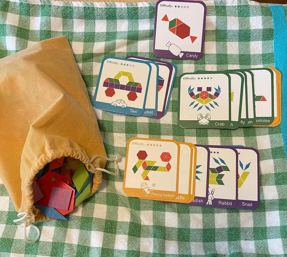 Montessori Wooden Pattern Blocks Tangram Geometric Puzzle 235pc Activity Cards⁠